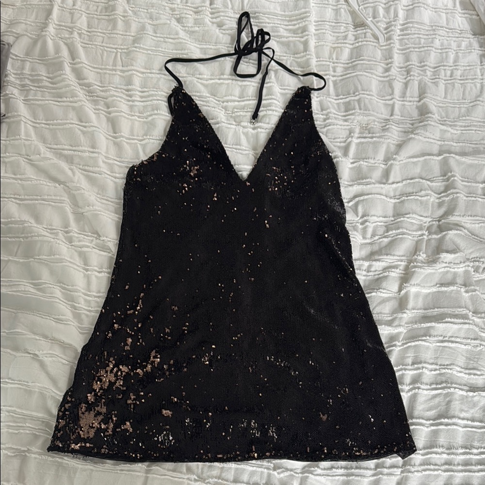 Free People Black/gold Sequin Halter Dress